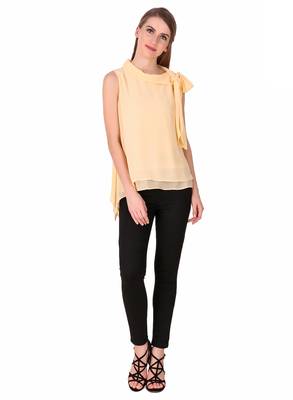 Beige plain georgette sleeveless-tops 3