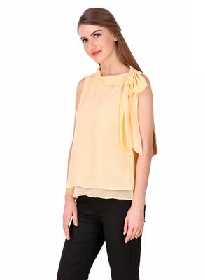Beige plain georgette sleeveless-tops 4