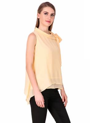 Beige plain georgette sleeveless-tops 5