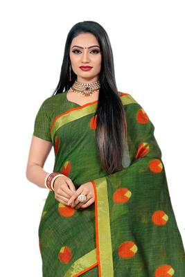 Green Woven Linen Saree With Blouse 3