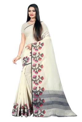 Cream Woven Linen Saree With Blouse 1