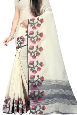 Cream Woven Linen Saree With Blouse 2