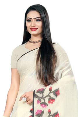 Cream Woven Linen Saree With Blouse 3