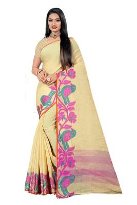 Beige Woven Linen Saree With Blouse 1