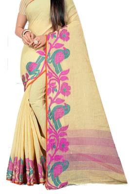 Beige Woven Linen Saree With Blouse 2