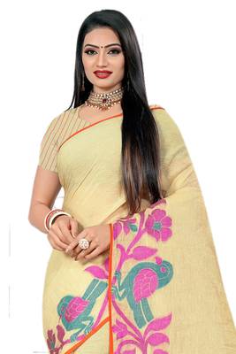 Beige Woven Linen Saree With Blouse 3