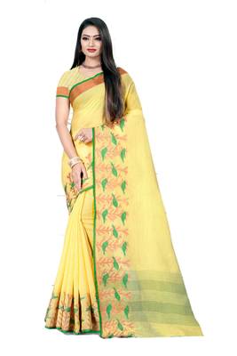 Yellow Woven Linen Saree With Blouse 1