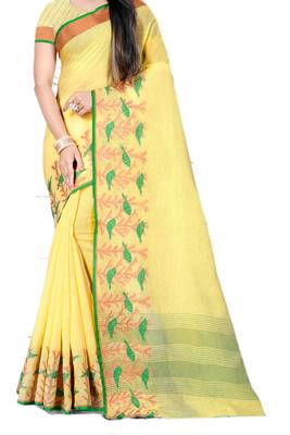 Yellow Woven Linen Saree With Blouse 2