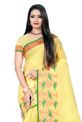 Yellow Woven Linen Saree With Blouse 3