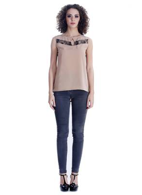 Beige self design georgette sleeveless-tops 3