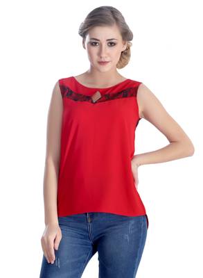 Red self design georgette sleeveless-tops 1