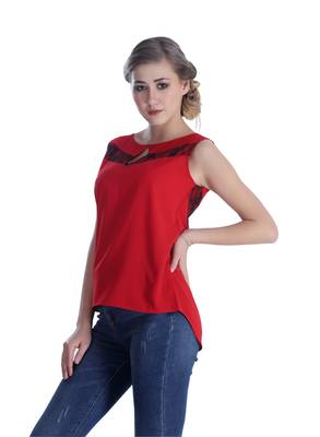 Red self design georgette sleeveless-tops 3