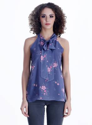 Blue printed georgette sleeveless-tops 1