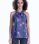 Blue printed georgette sleeveless-tops