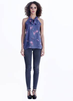 Blue printed georgette sleeveless-tops 3