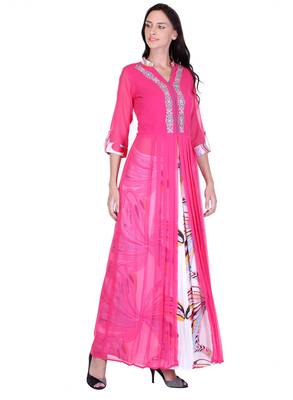 Women's Pink Georgette Printed Ethnic Top and Skirt Set 1