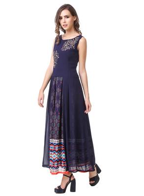 Women's Navy Blue Georgette Printed Ethnic Top and Skirt Set 1