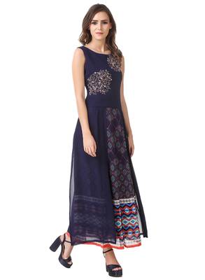 Women's Navy Blue Georgette Printed Ethnic Top and Skirt Set 3