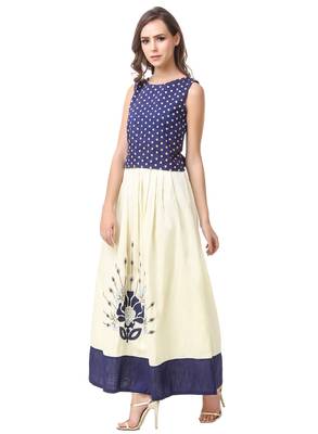 Women's Navy Blue Georgette Printed Ethnic Top and Skirt Set 1