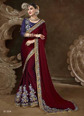 Maroon Embroidered Silk Blend Saree With Blouse 1