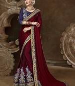 Maroon Embroidered Silk Blend Saree With Blouse