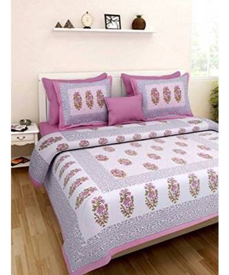 Pink Flower Print King Size Bedsheet with 2 Pillow Cover 1