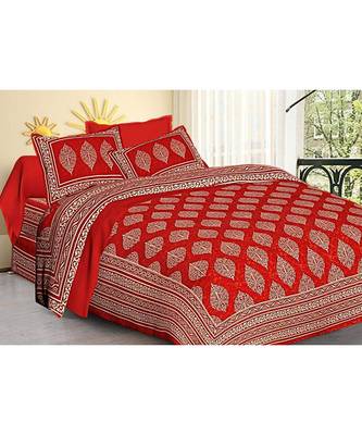 Red Printed Rajasthani King Size Bedsheet with 2 Pillow Cover 1