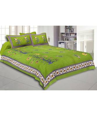 Green Flower Plant Design King Size Bedsheet with 2 Pillow Cover 1