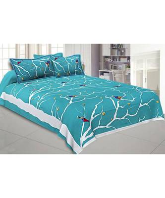 Sky Blue Bird on Tree King Size Bedsheet with 2 Pillow Cover 1