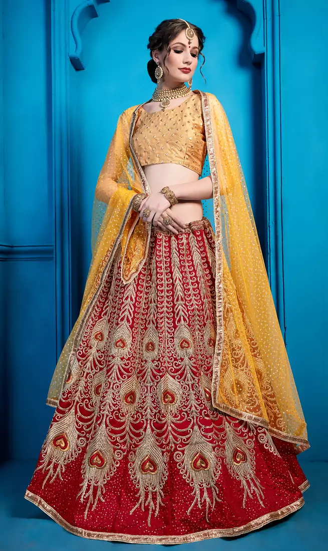 Maroon Zari And Thread Embroidered Art Silk Semi Stitched bridal lehenga