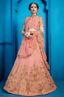 Peach Zari And Sequins Embroidered Art Silk Semi Stitched bridal lehenga