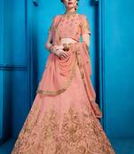 Peach Zari And Sequins Embroidered Art Silk Semi Stitched Bridal Lehenga