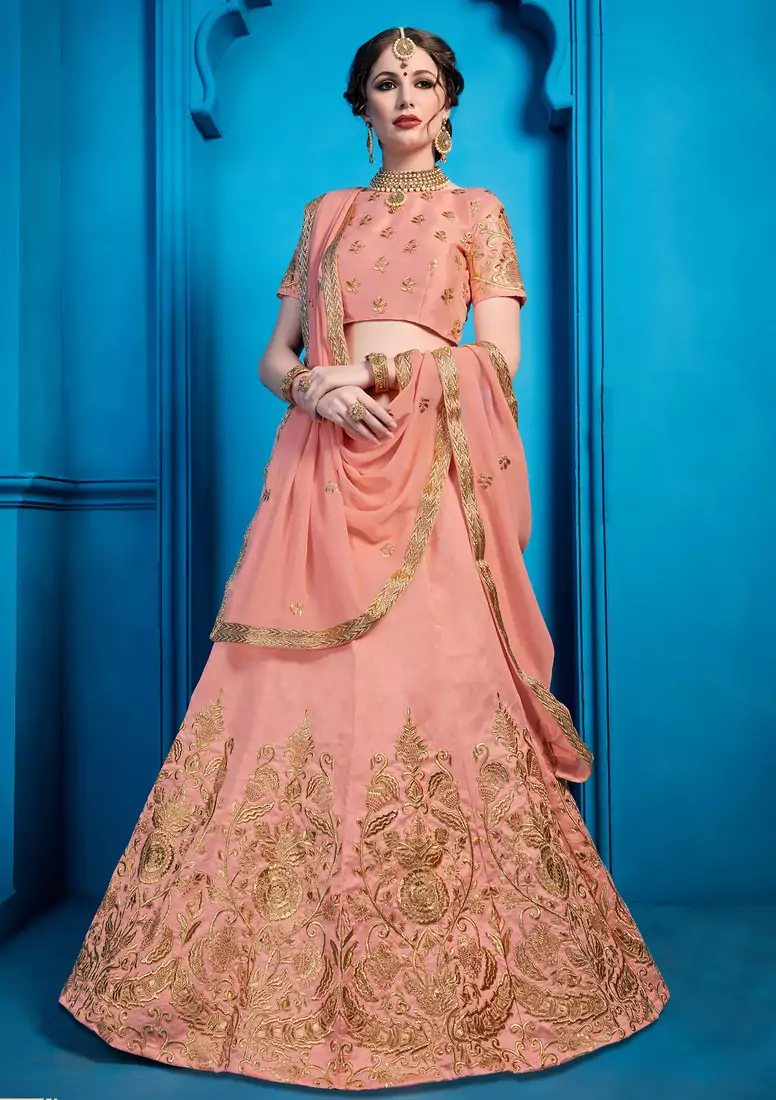 Peach Zari And Sequins Embroidered Art Silk Semi Stitched bridal lehenga