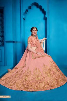 Peach Zari And Sequins Embroidered Art Silk Semi Stitched Bridal Lehenga 2