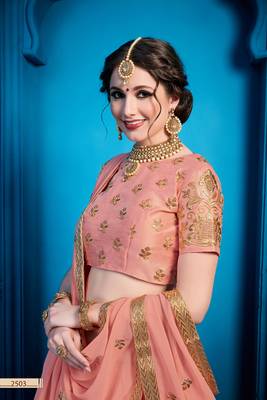 Peach Zari And Sequins Embroidered Art Silk Semi Stitched Bridal Lehenga 3