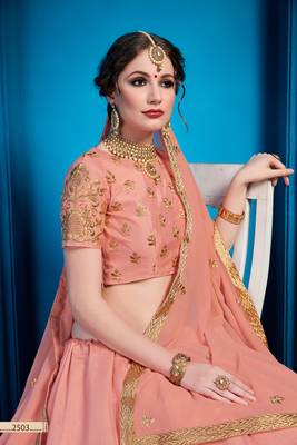 Peach Zari And Sequins Embroidered Art Silk Semi Stitched Bridal Lehenga 4