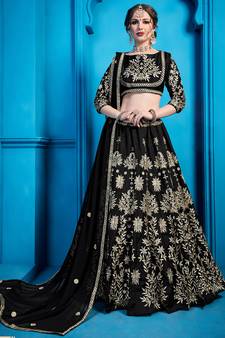 Black Zari Embroidered Art Silk Semi Stitched bridal lehenga
