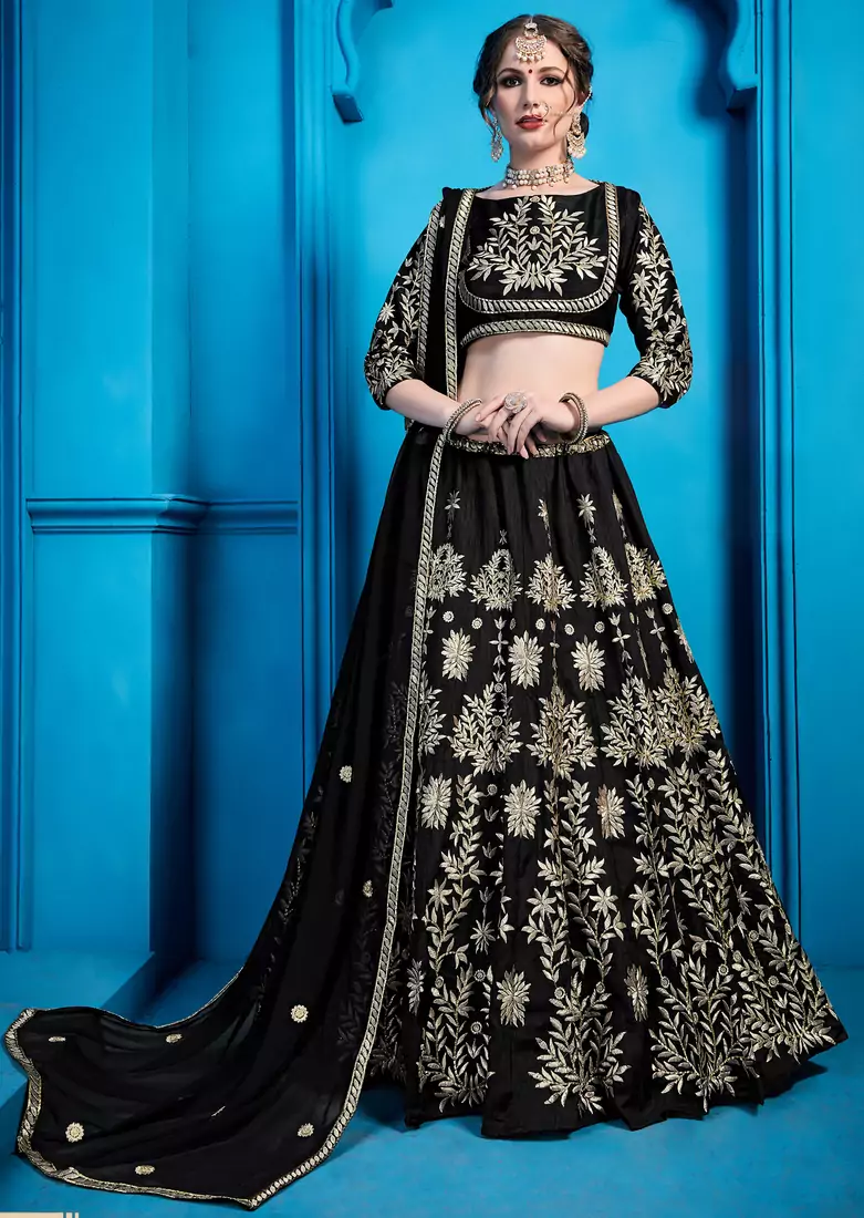Black Zari Embroidered Art Silk Semi Stitched bridal lehenga