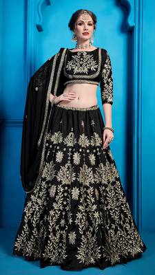 Black Zari Embroidered Art Silk Semi Stitched Bridal Lehenga 2