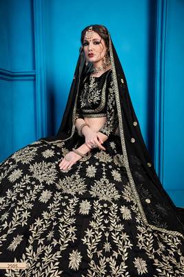 Black Zari Embroidered Art Silk Semi Stitched Bridal Lehenga 3