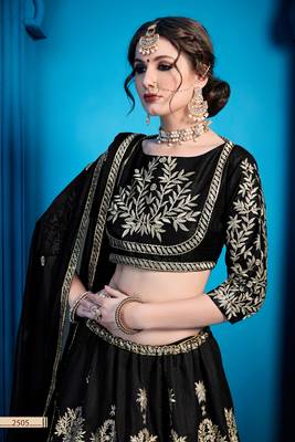 Black Zari Embroidered Art Silk Semi Stitched Bridal Lehenga 4