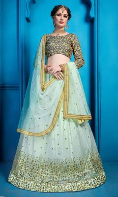 Sea Blue Thread And Sequins Embroidered Net Semi Stitched Lehenga Choli With Dupatta 1
