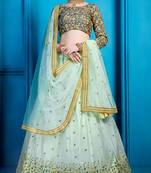 Sea Blue Thread And Sequins Embroidered Net Semi Stitched Lehenga Choli With Dupatta