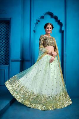 Sea Blue Thread And Sequins Embroidered Net Semi Stitched Lehenga Choli With Dupatta 2