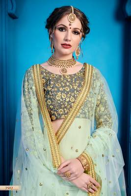 Sea Blue Thread And Sequins Embroidered Net Semi Stitched Lehenga Choli With Dupatta 3