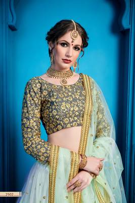 Sea Blue Thread And Sequins Embroidered Net Semi Stitched Lehenga Choli With Dupatta 4