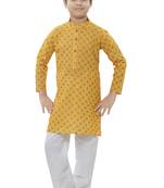 Yellow printed cotton boys-kurta-pyjama