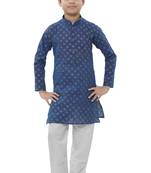 Blue printed cotton boys-kurta-pyjama
