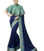 Blue Embroidered Cotton Silk Saree With Blouse