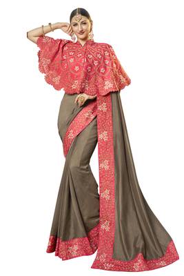 Brown Embroidered Cotton Silk Saree With Blouse 1